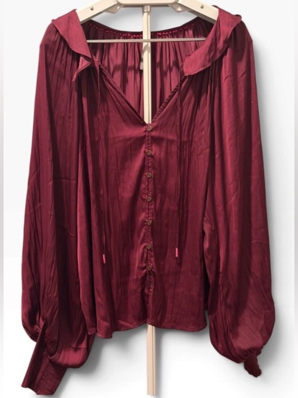 Anthropologie Wine-Red Satin Button-Front Blouse w/ TY